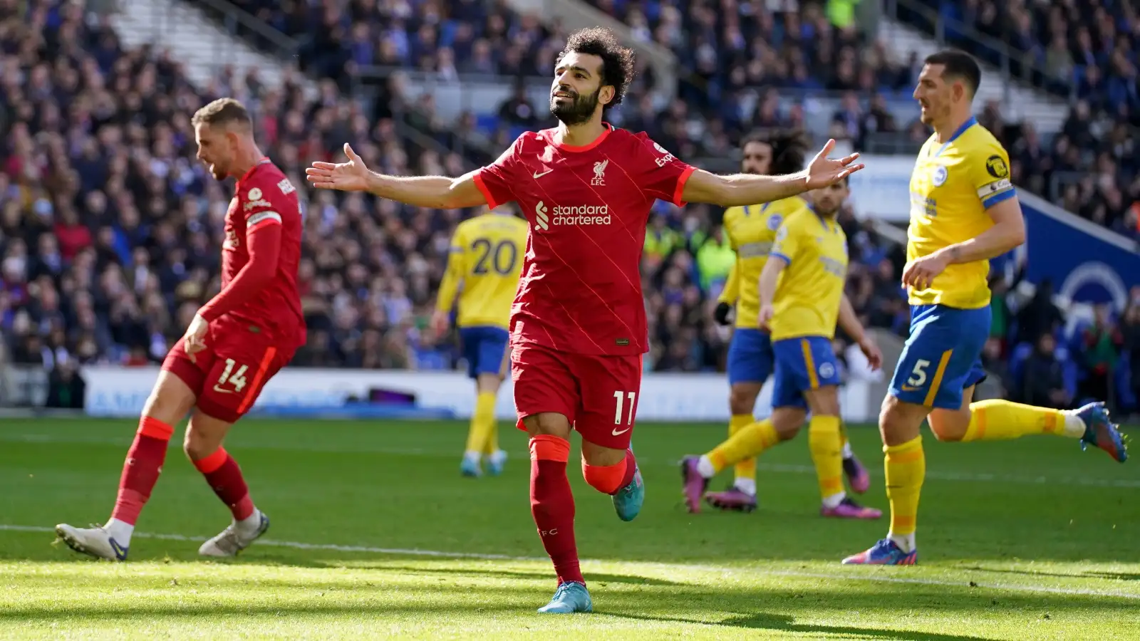 Liverpool striker Mo Salah celebrates scoring a goal