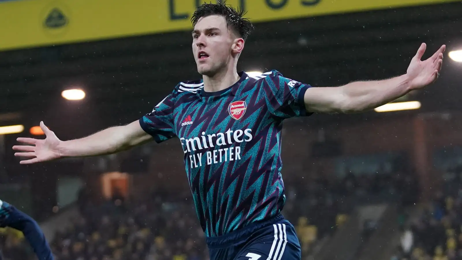Kieran Tierney celebrates scoring for Arsenal.