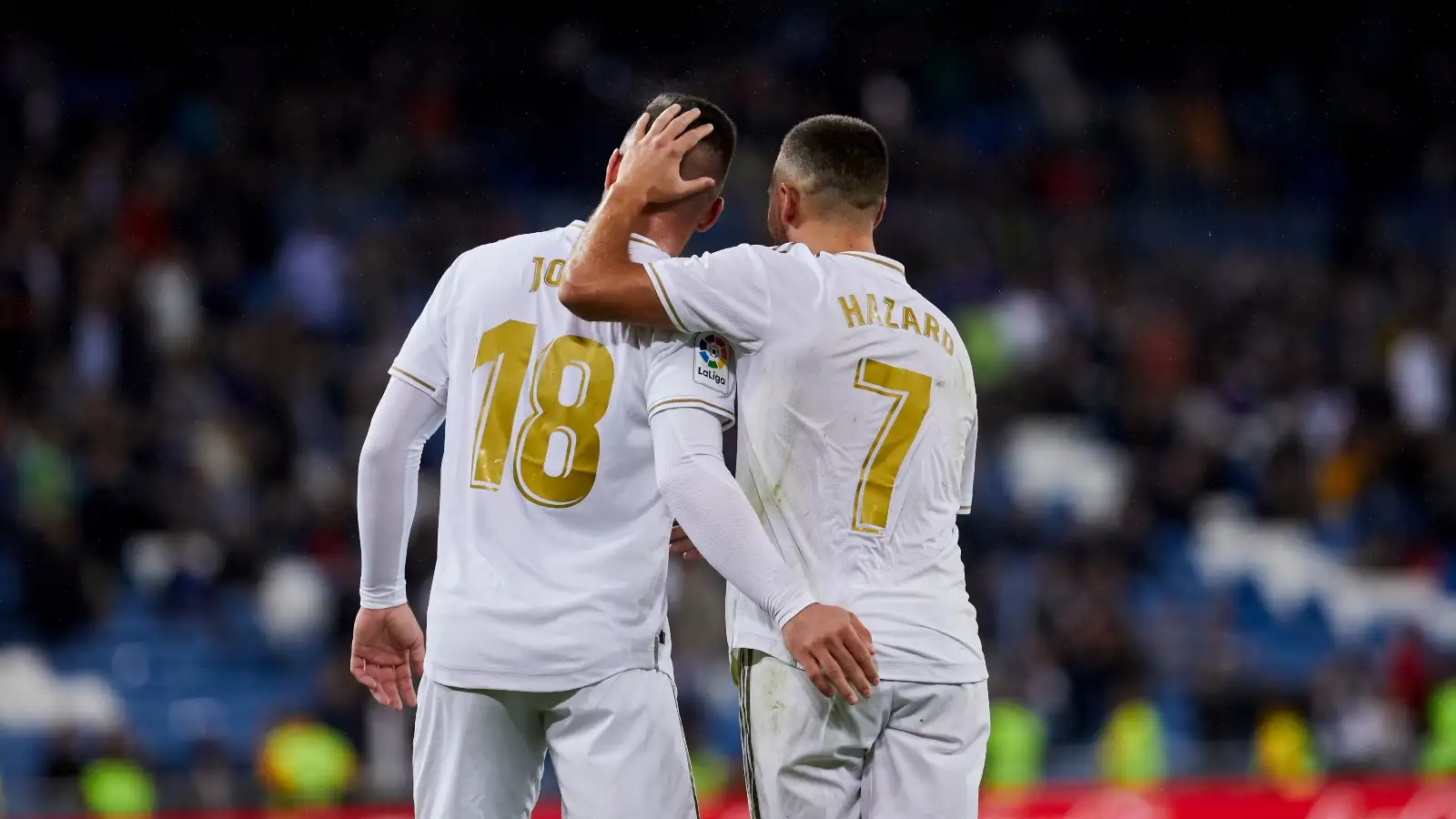 Real Madrid duo Eden Hazard and Luka Jovic celebrate a goal