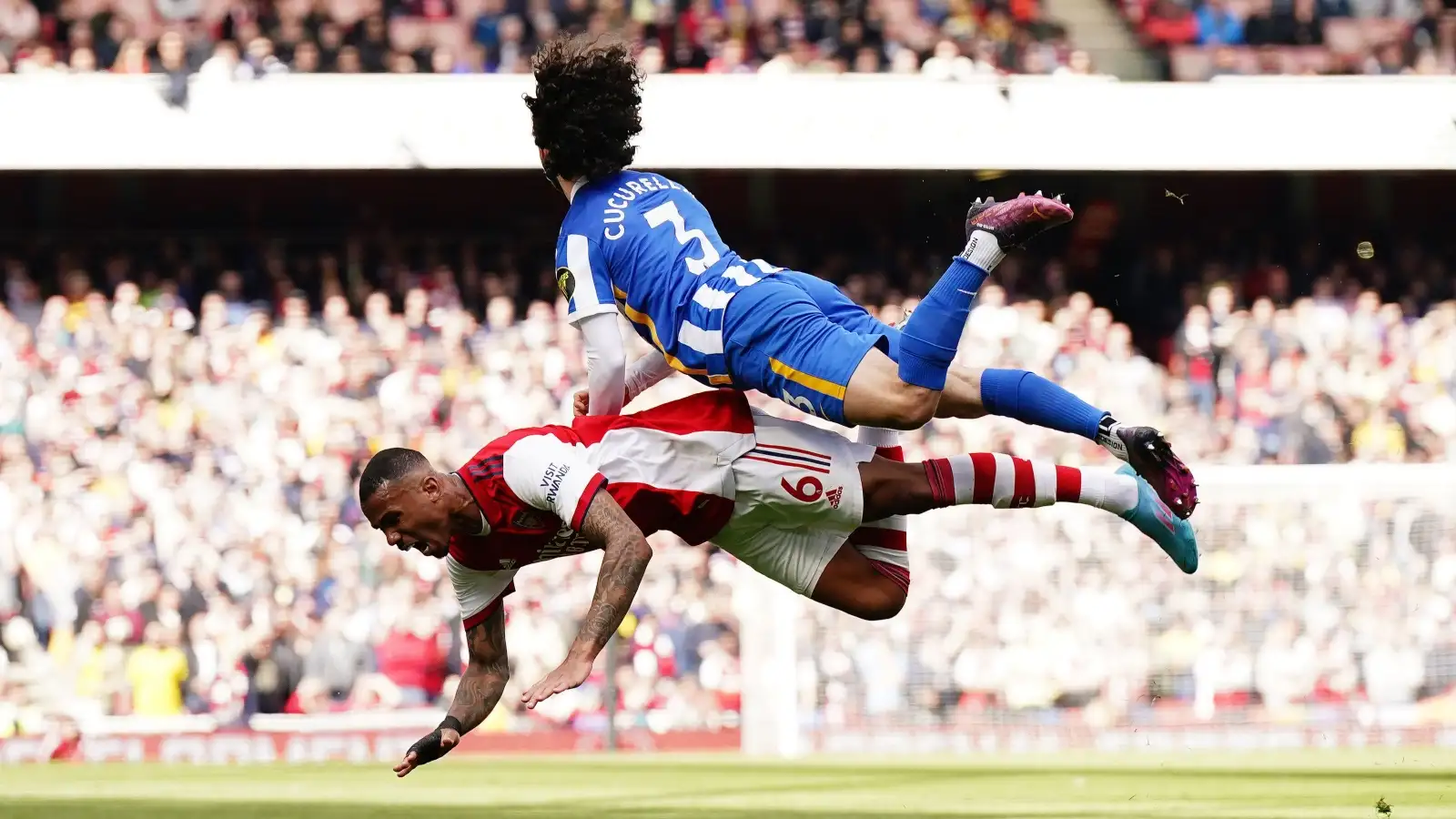 Reported Barcelona target and Arsenal defender Gabriel battles for the ball with Marc Cucurella