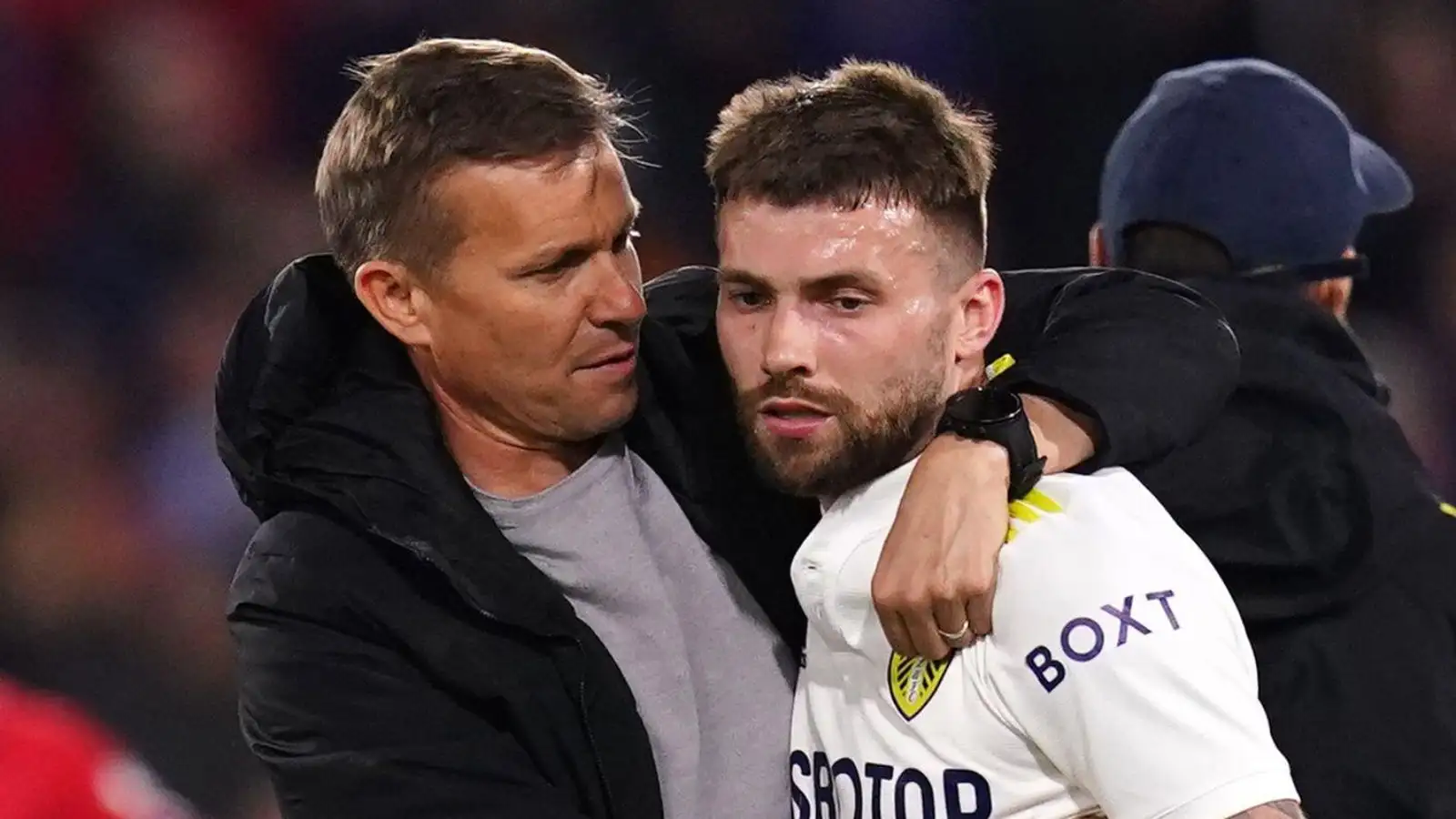 Leeds boss Jesse Marsch gives Stuart Dallas a hug