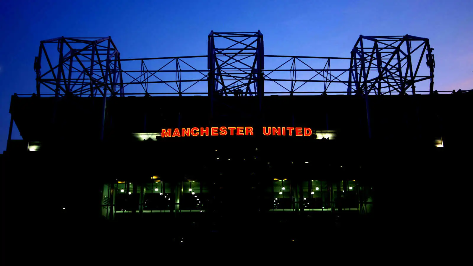 Old Trafford, home of Manchester United, at night