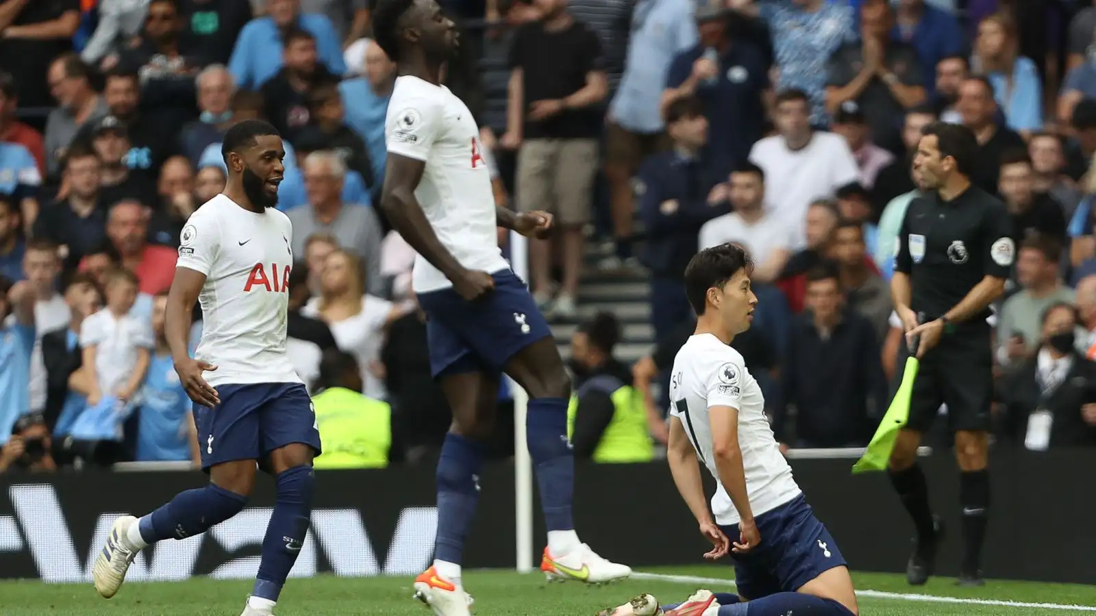 Son Heung-Min celebrates scoring the only goal for Tottenham against Manchester City on the opening day of the 2021/22 Premier League season
