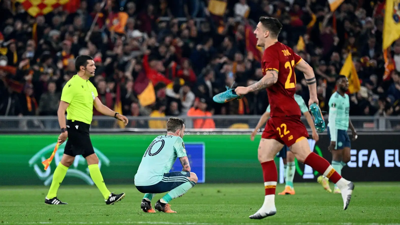 Roma vs Leicester - James Maddison looks dejected after a loss