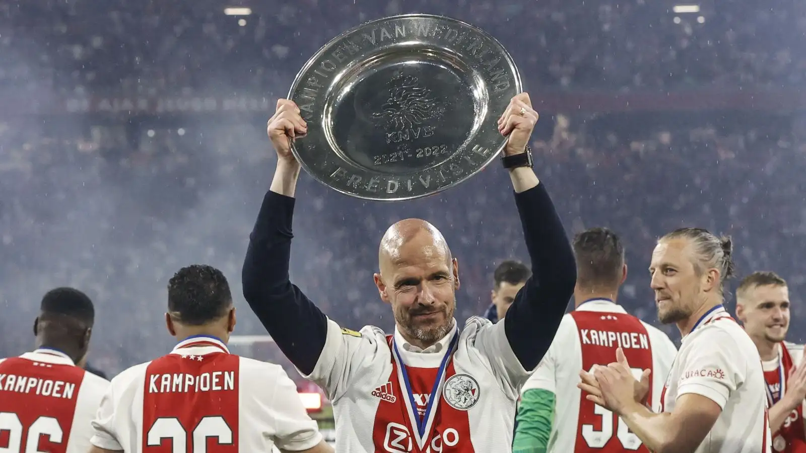 Incoming Man Utd boss Erik ten Hag lifts the Eredivisie trophy