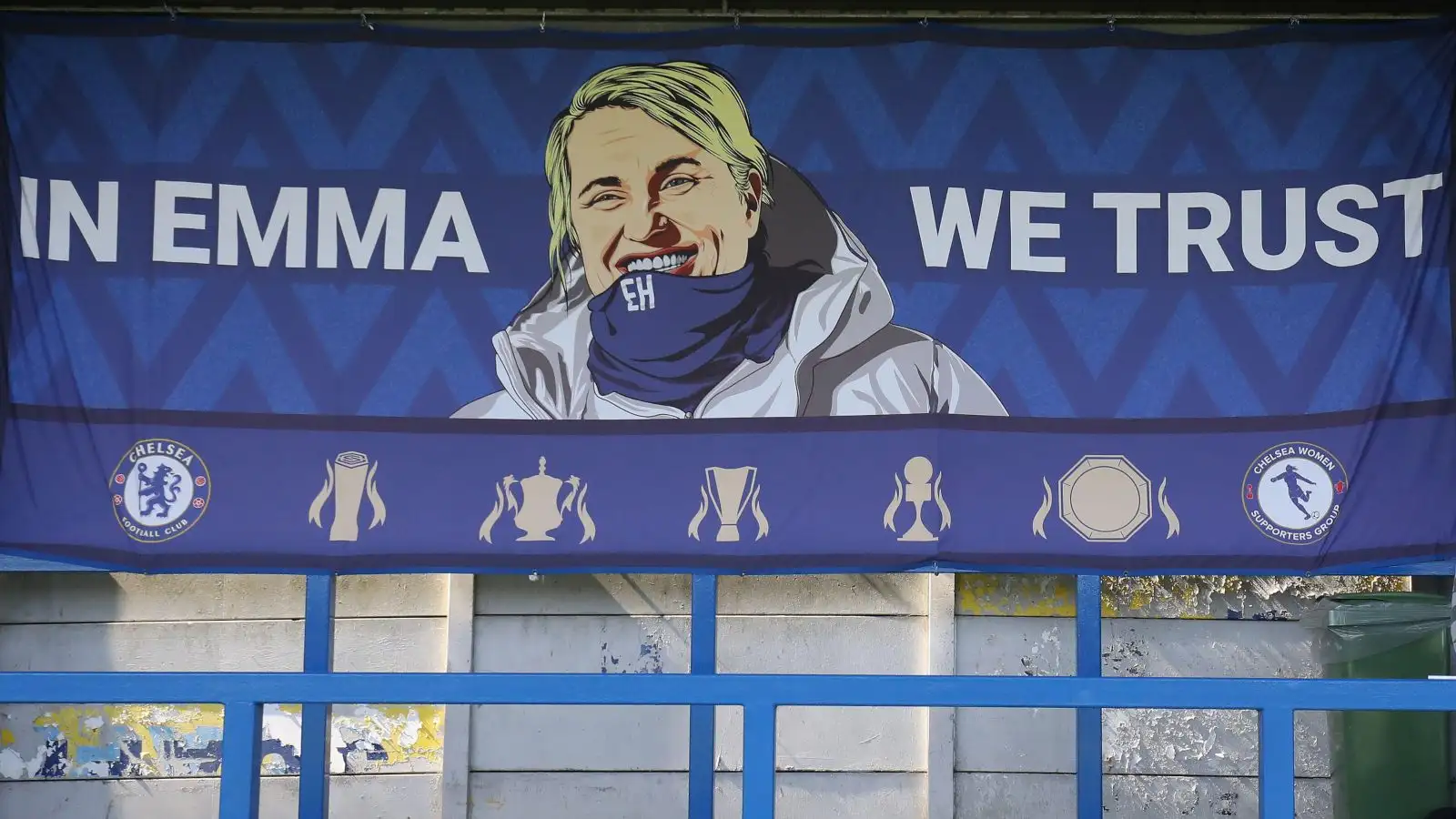 A banner in support of Chelsea women manager Emma Hayes.