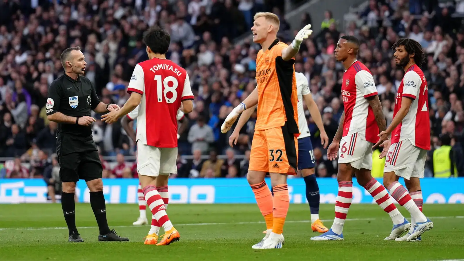Arsenal goalkeeper Aaron Ramsdale appeals to the referee
