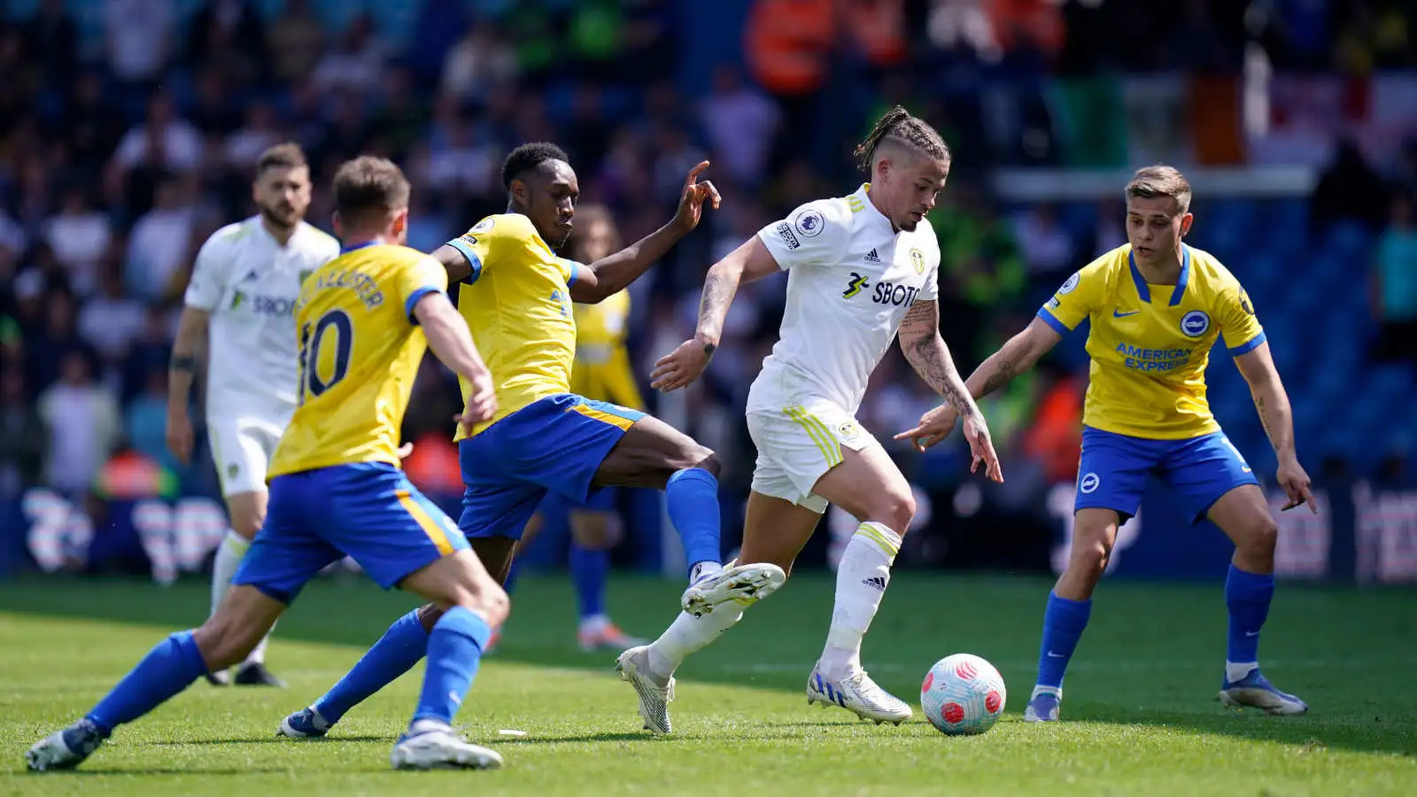 Leeds United's Kalvin Phillips under pressure against Brighton at Elland Road