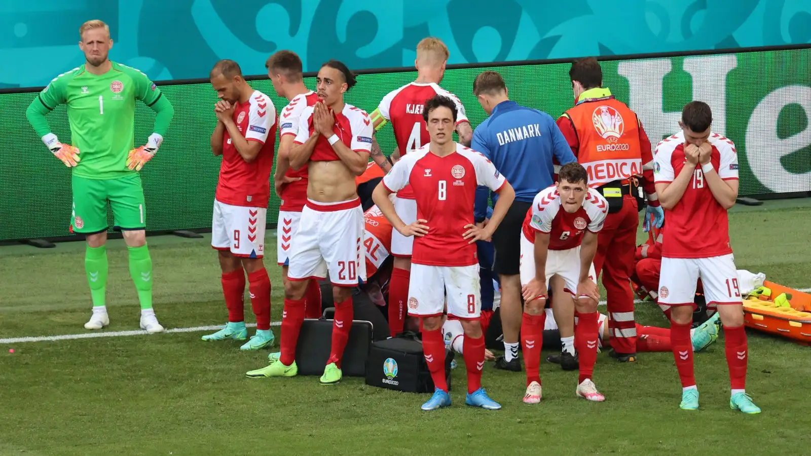 Andreas Christensen and his Danish teammates after Eriksen collapse