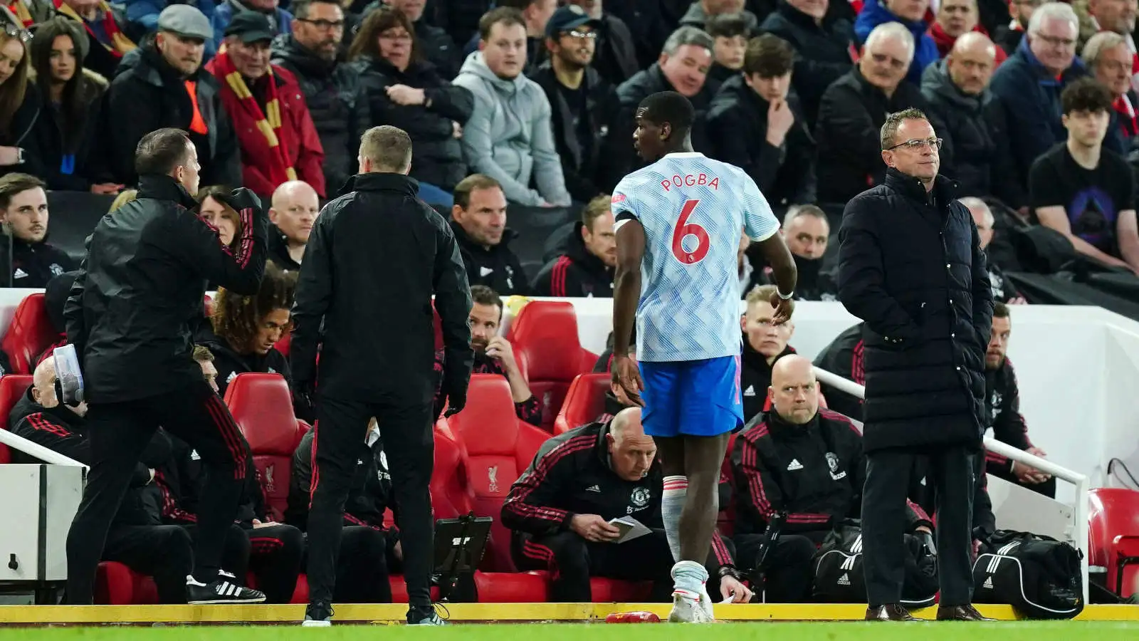 Paul Pogba leave the pitch for Manchester United against Liverpool