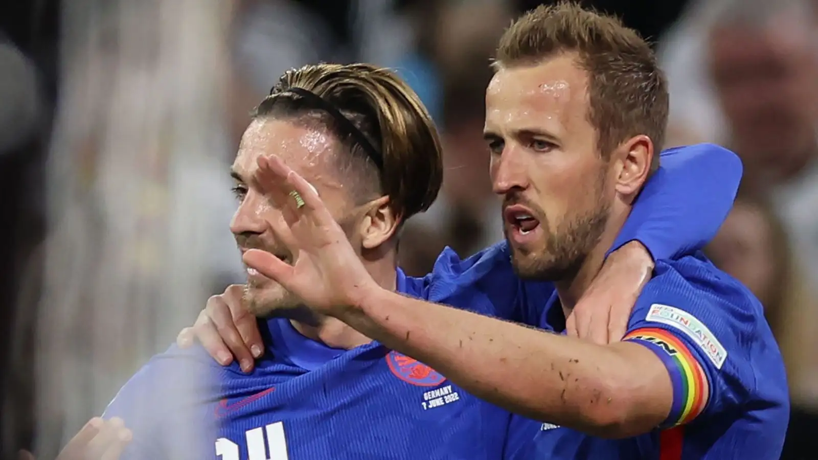 Jack Grealish and Harry Kane celebrate after England equalise in a 1-1 Nations League draw against Germany