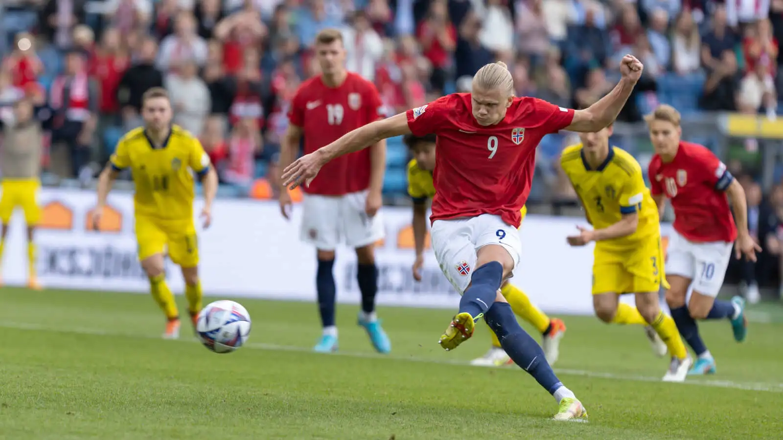 Erling Haaland of Manchester City scores for Norway against Sweden