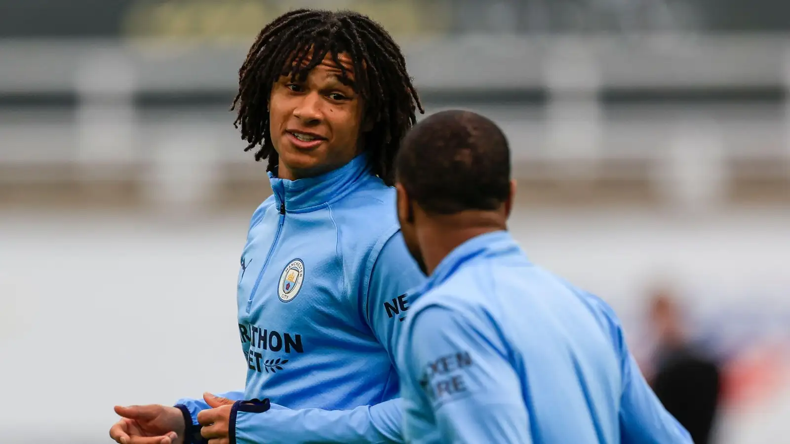 Reported Chelsea target Nathan Ake and Raheem Sterling during a training session