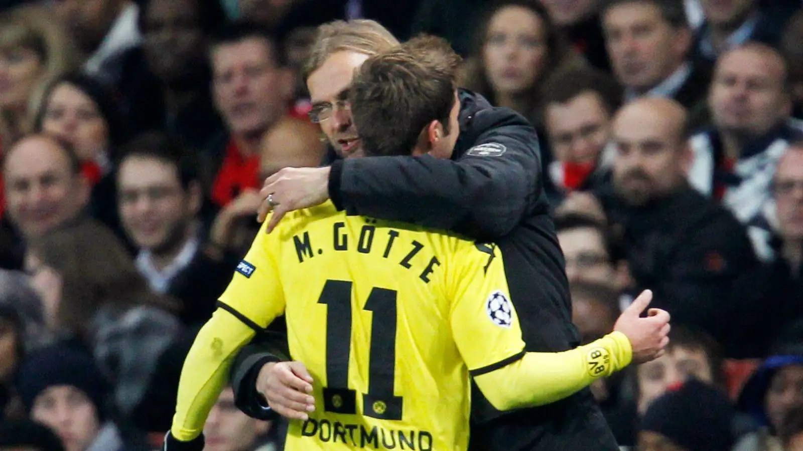 Liverpool boss Jurgen Klopp gives Mario Gotze a hug