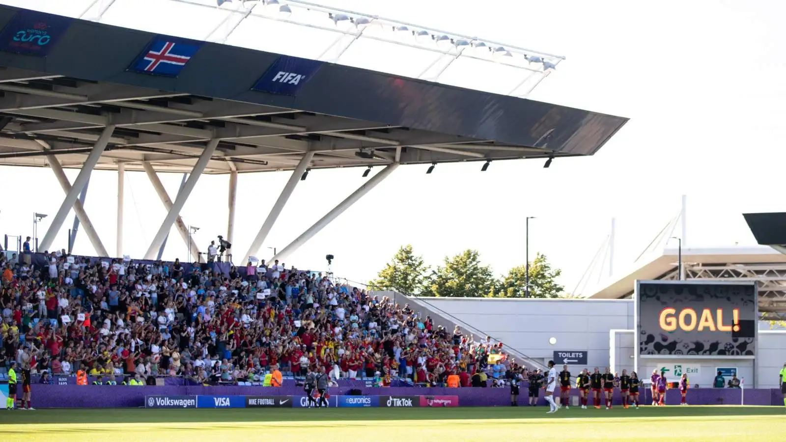 Belgium celebrate their equaliser in a 1-1 Euro 2022 Group D draw against Iceland at the Manchester City Academy Stadium