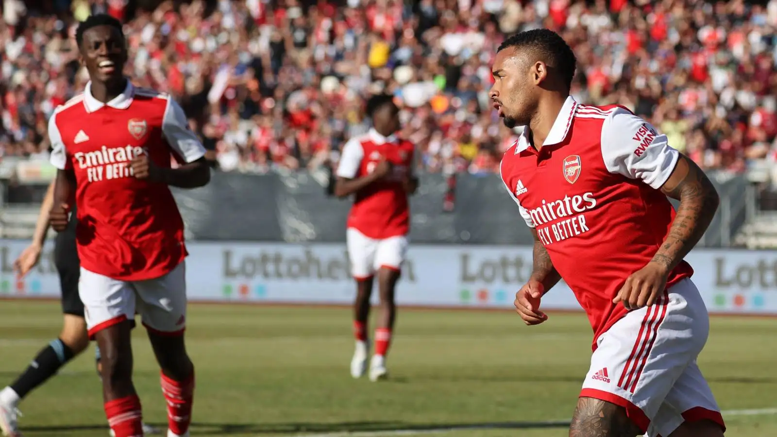 Gabriel Jesus celebrates after scoring a preseason friendly goal for Arsenal against Nurnberg