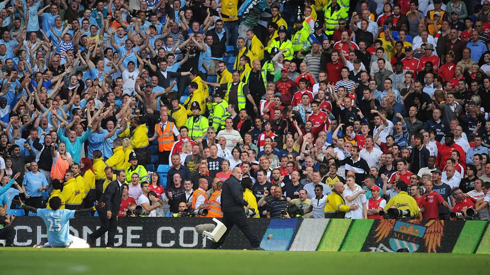 Emmanuel Adebayor celebrates in front of Arsenal fans after scoring against his former club for Manchester City