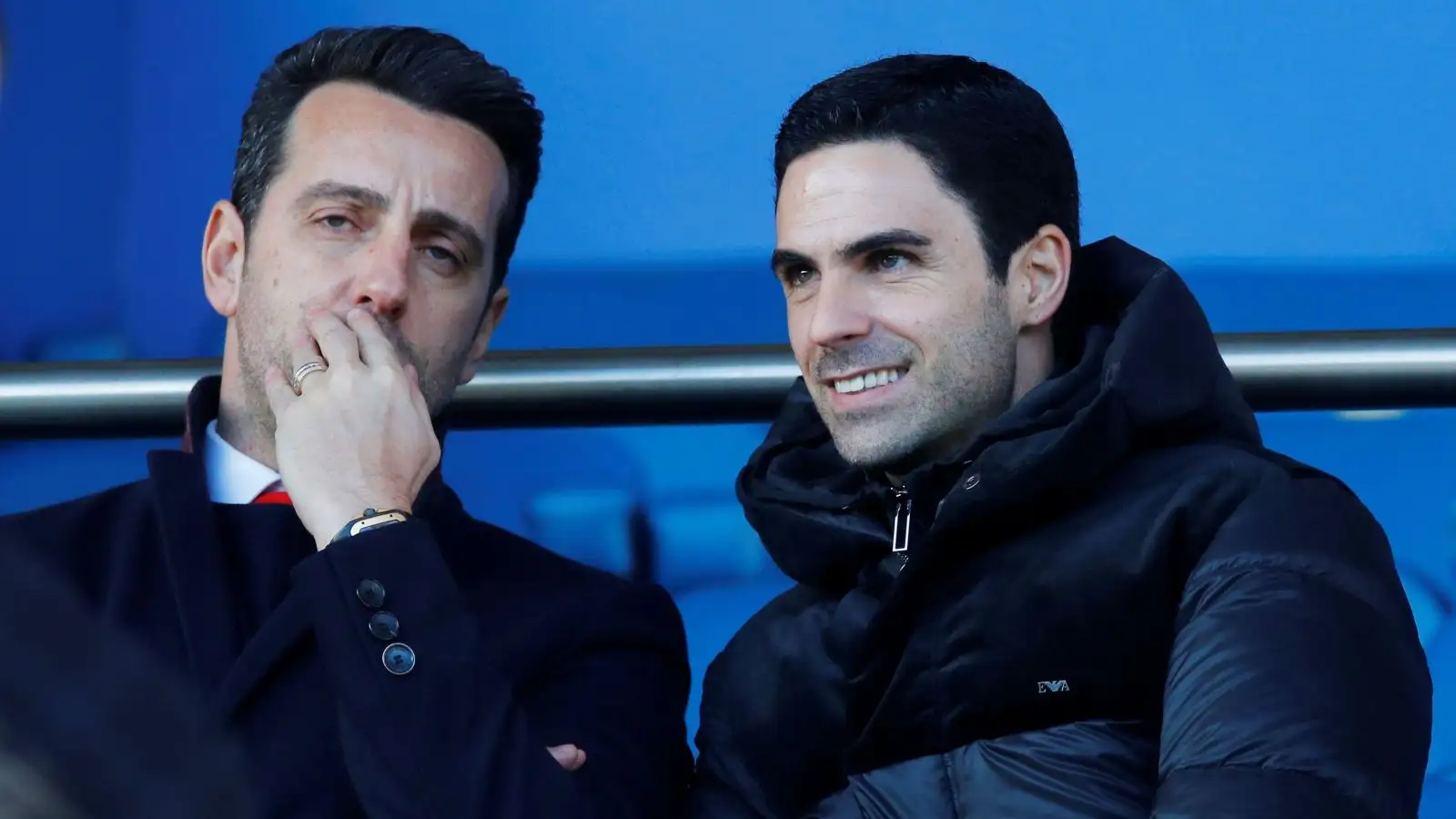 Arsenal technical director Edu and Mikel Arteta share a joke