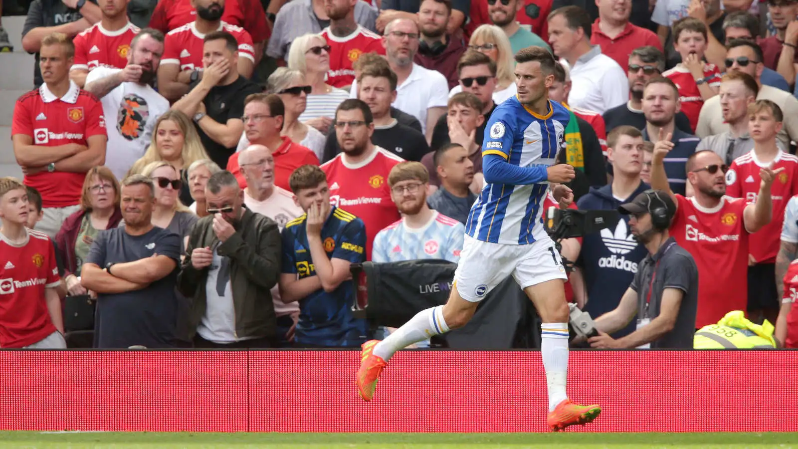 Pascal Gross celebrates after scoring for Brighton at Manchester United