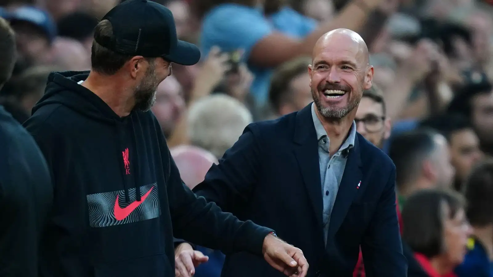 Erik ten Hag laughing with Jurgen Klopp