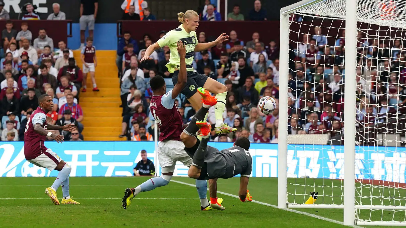 Erling Haaland scores for Manchester City against Aston Villa