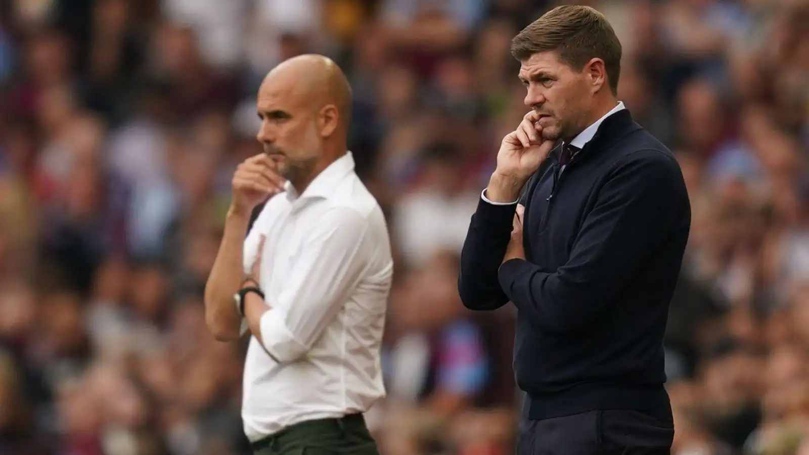 Steven Gerrard and Pep Guardiola watch the draw between Aston Villa and Man City.