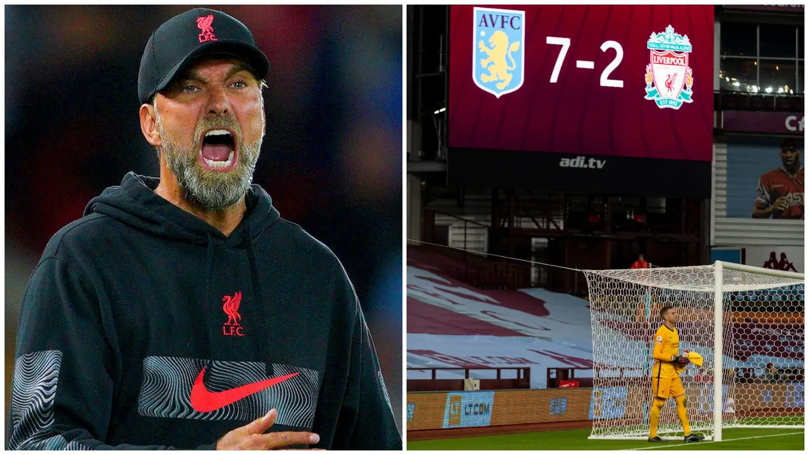 Jurgen Klopp shouts as a scoreboard shows Aston Villa 7-2 Liverpool.