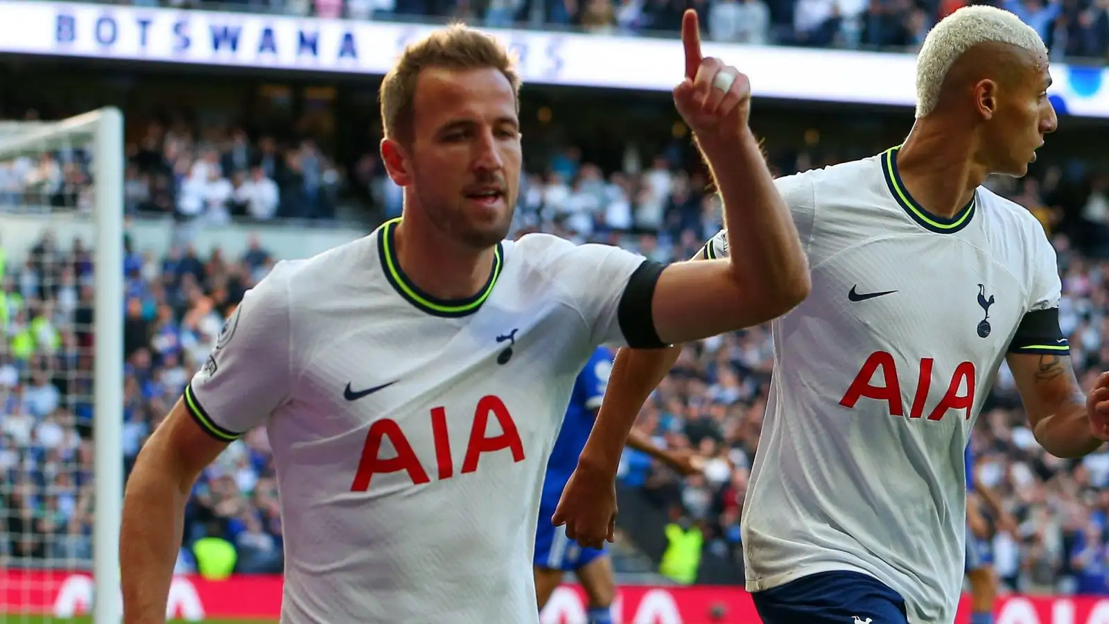 Tottenham striker Harry Kane celebrates scoring against Leicester.