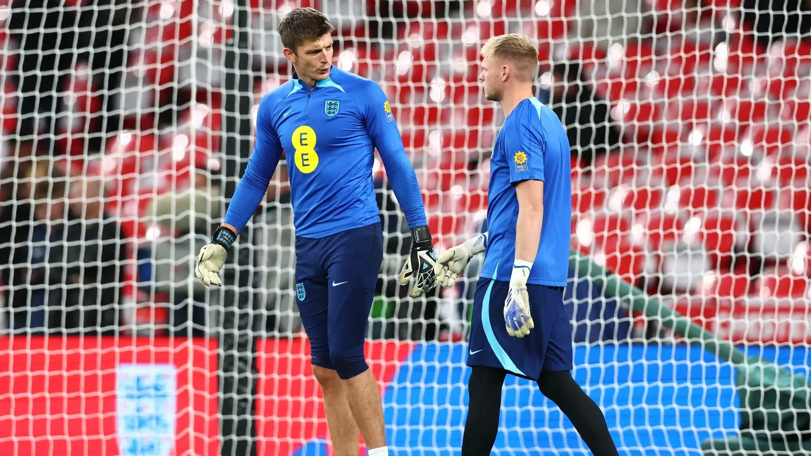 England goalkeepers Nick Pope and Aaron Ramsdale during a warm-up