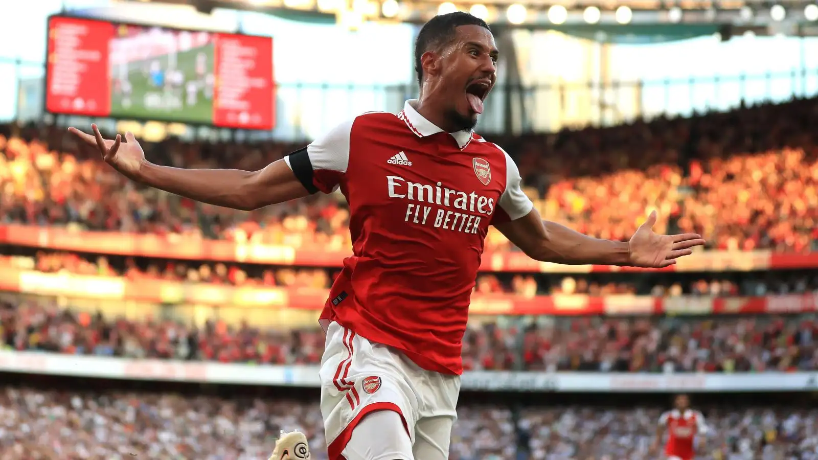 Arsenal defender William Saliba celebrates scoring a goal
