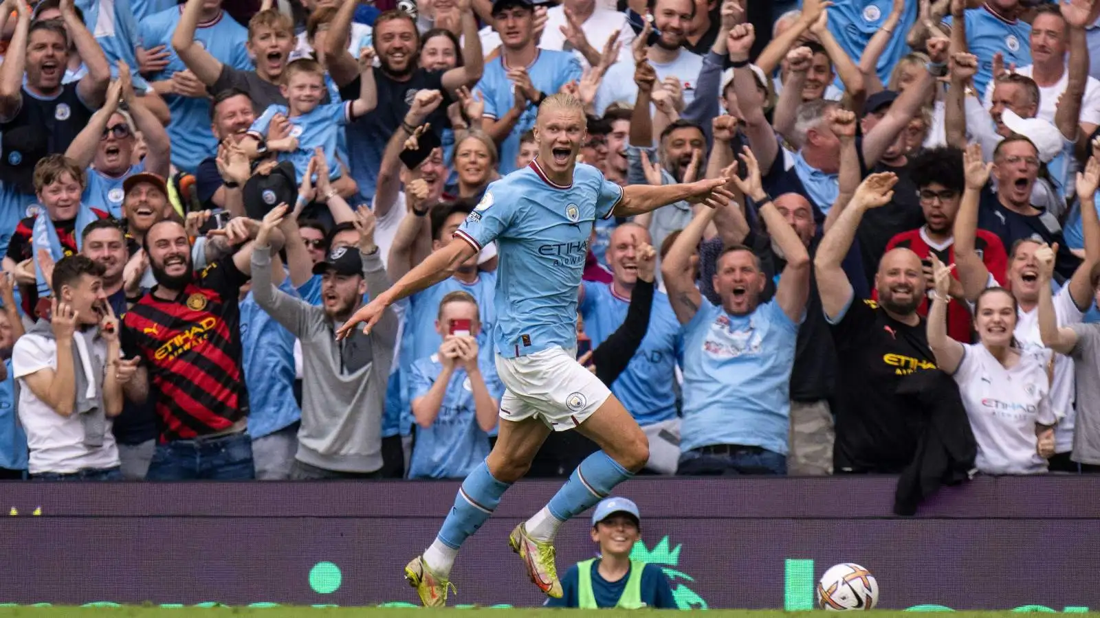 Erling Haaland celebrates after completing a Premier League hat-trick for Manchester City against Crystal Palace at Etihad Stadium