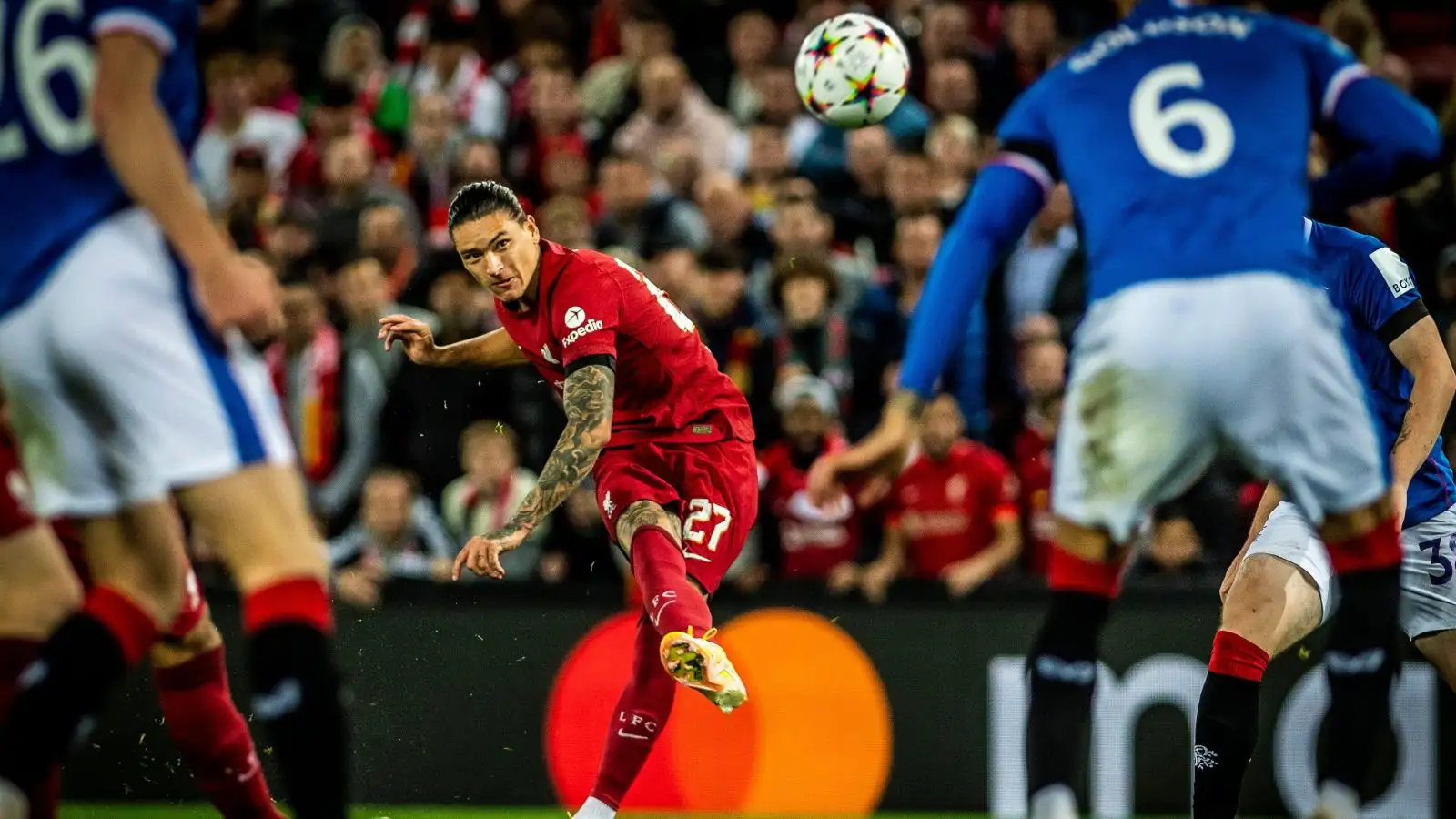 Liverpool striker Darwin Nunez shoots at goal