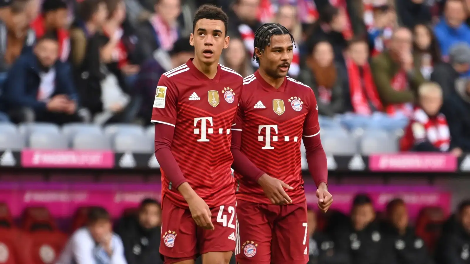 Bayern Munich duo Jamal Musiala and Serge Gnabry during a match