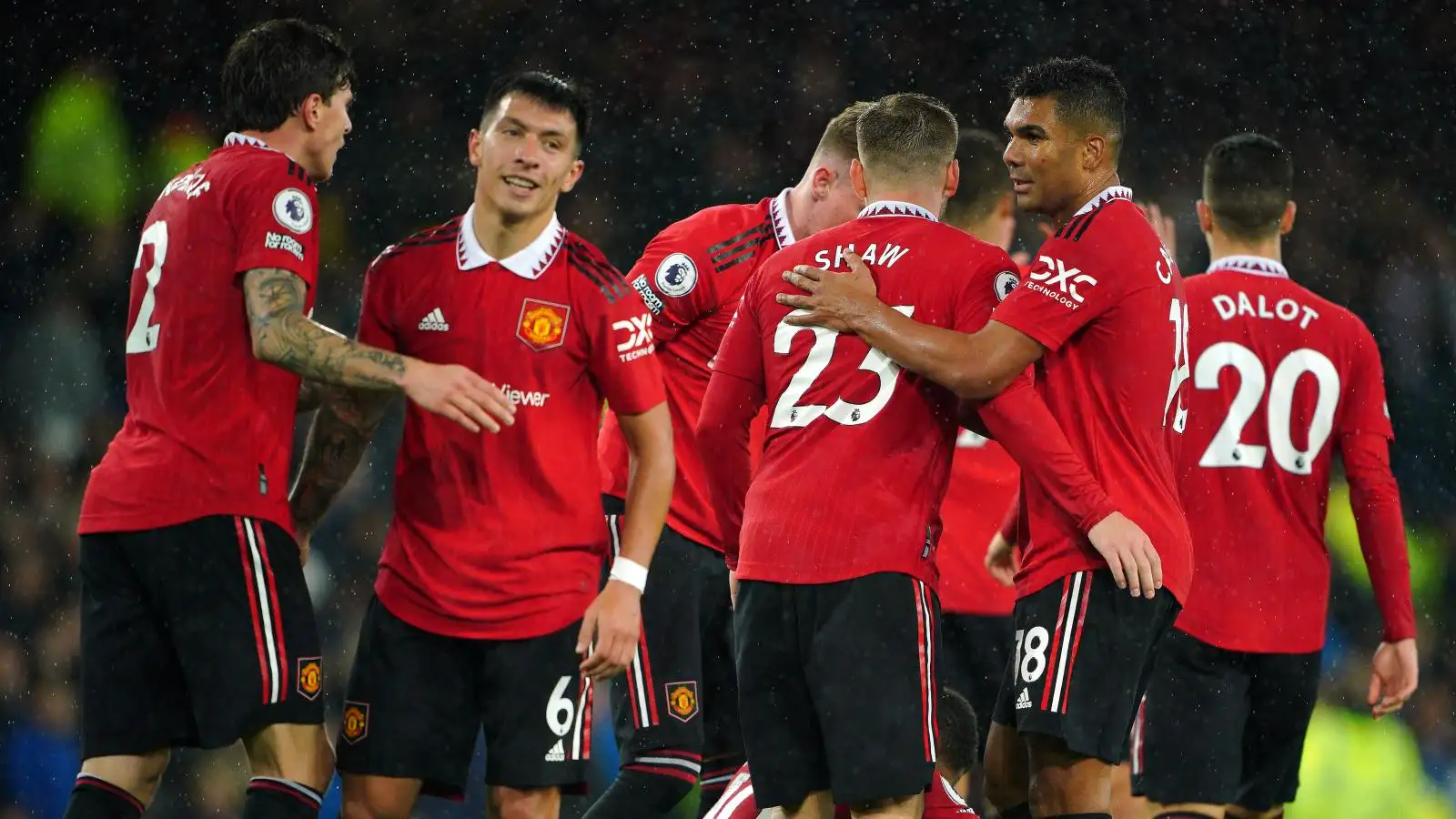 Manchester United celebrate a 2-1 Premier League win over Everton at Goodison Park