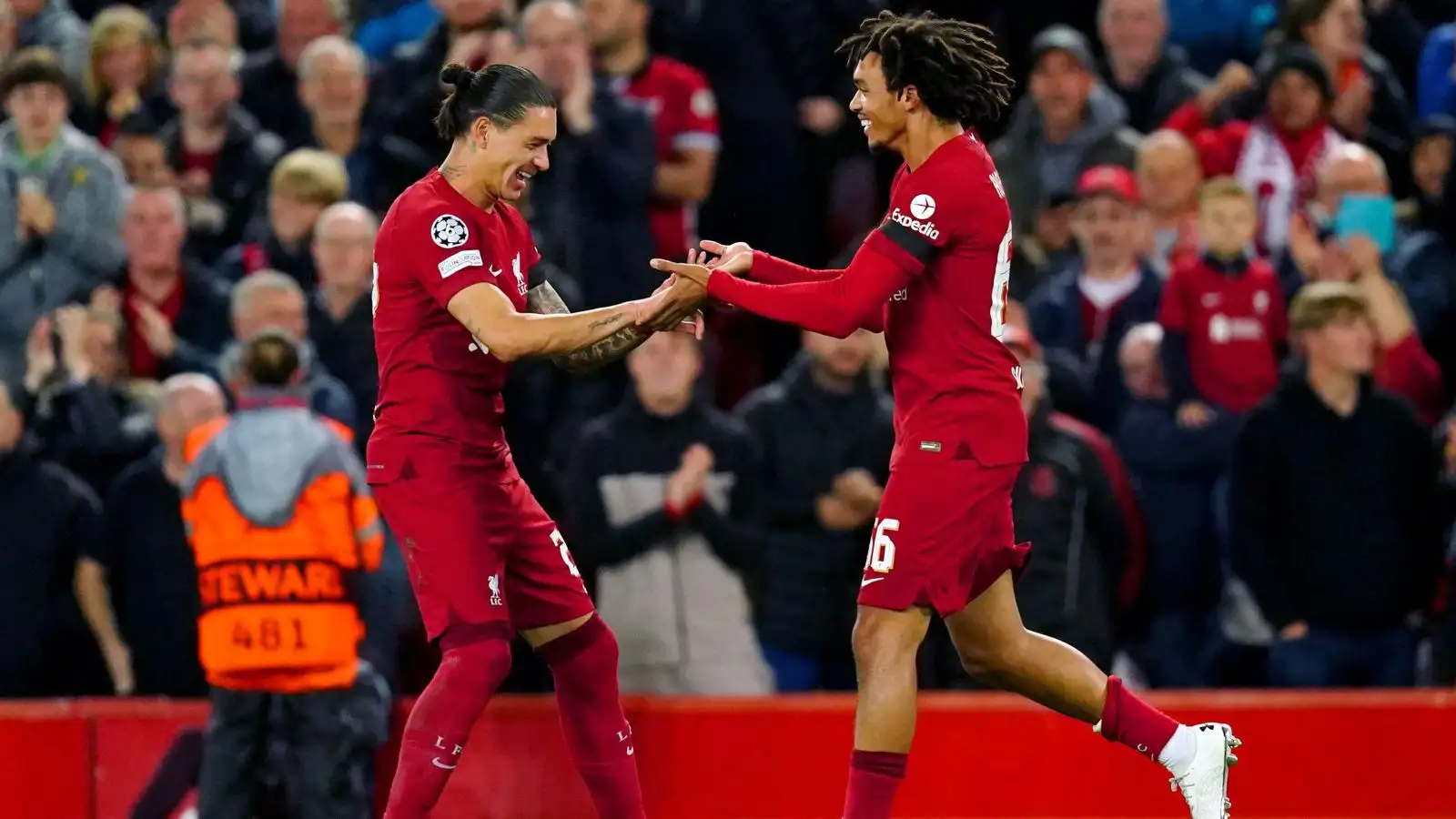 Liverpool striker Darwin Nunez and Trent Alexander-Arnold celebrate a goal