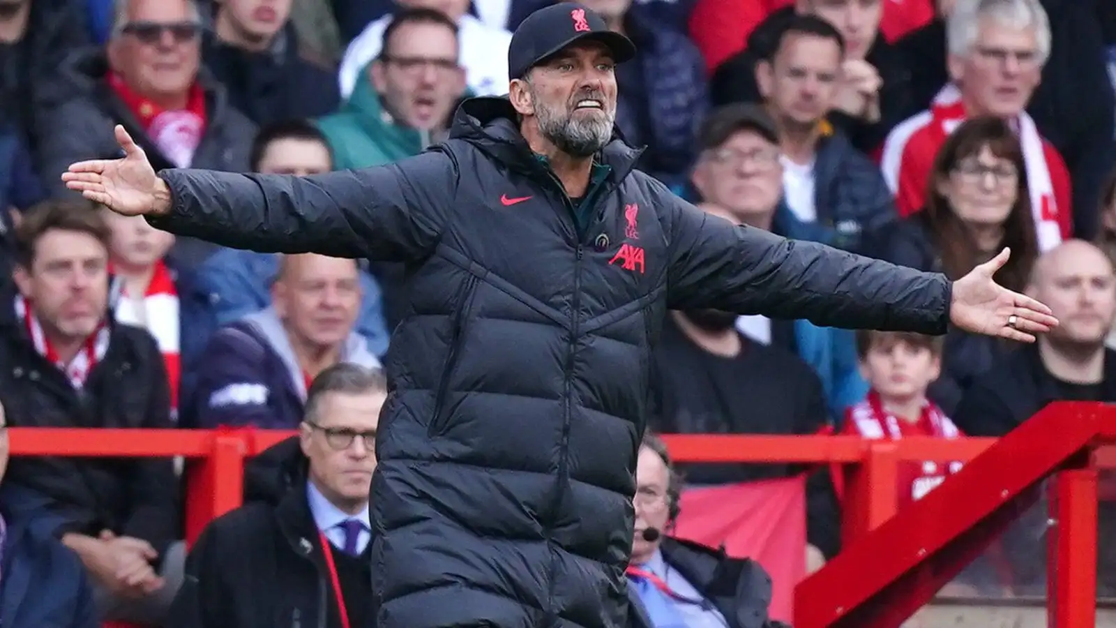 Jurgen Klopp shouts from the touchline during Liverpool's defeat at Nottingham Forest.