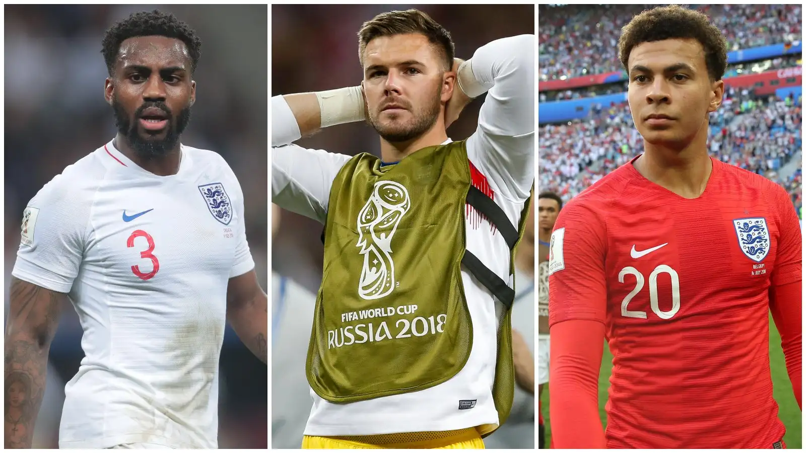 England players Danny Rose, Jack Butland and Dele Alli at the 2018 World Cup.