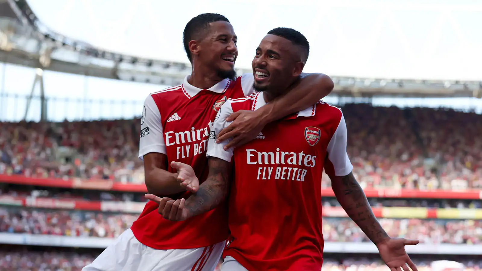 Gabriel Jesus of Arsenal celebrates his second goal with William Saliba