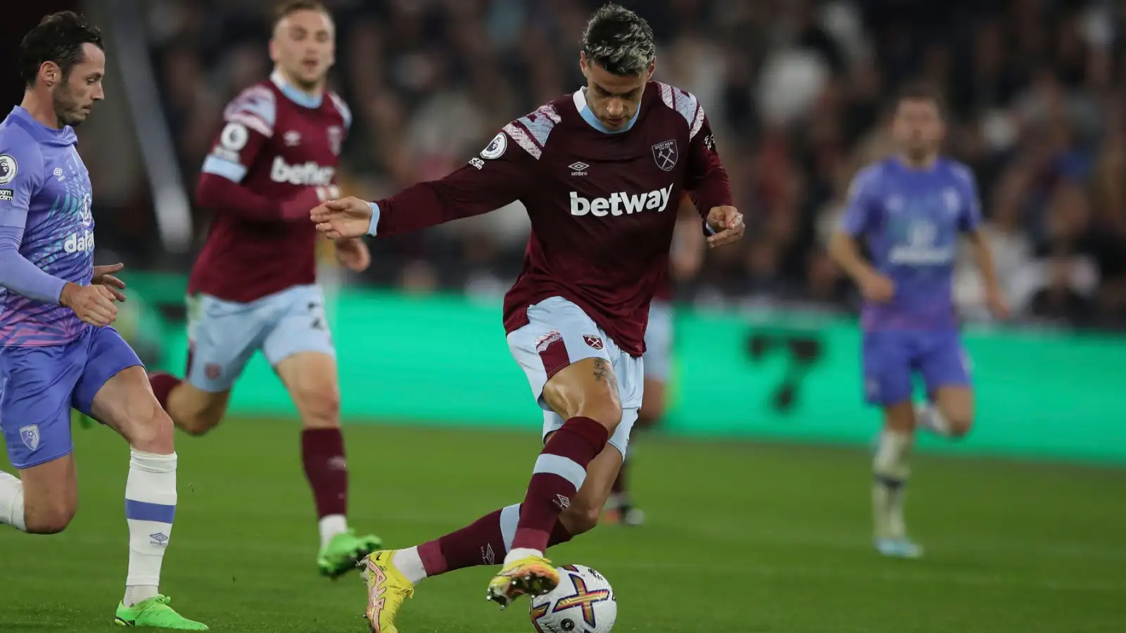 Gianluca Scamacca on the ball for West Ham United