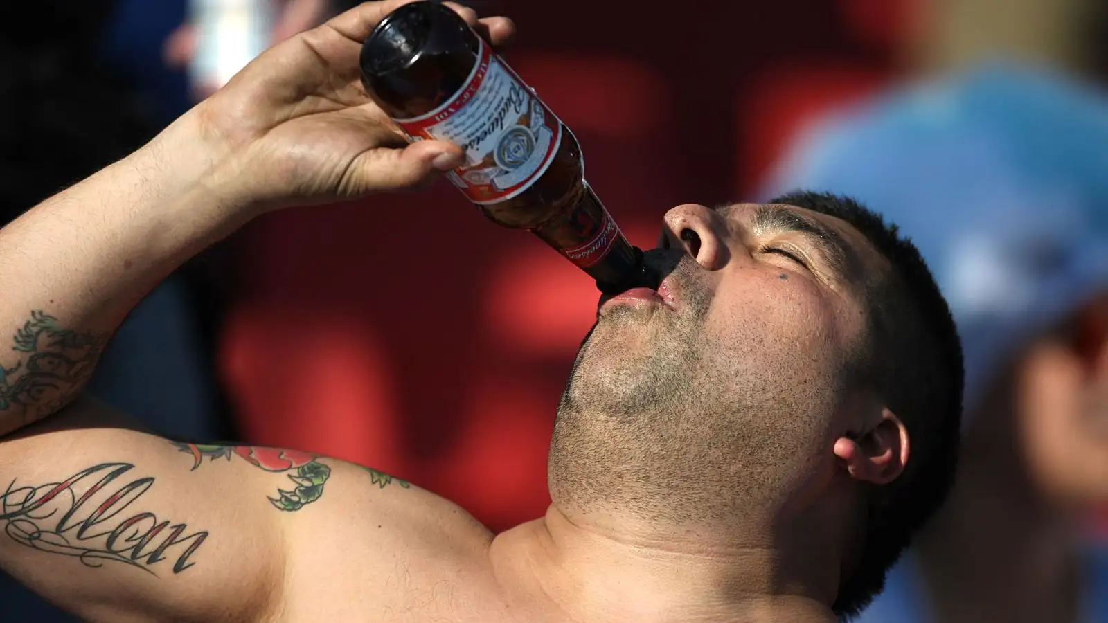 A fan drinks a Budweiser in the stands at a World Cup match