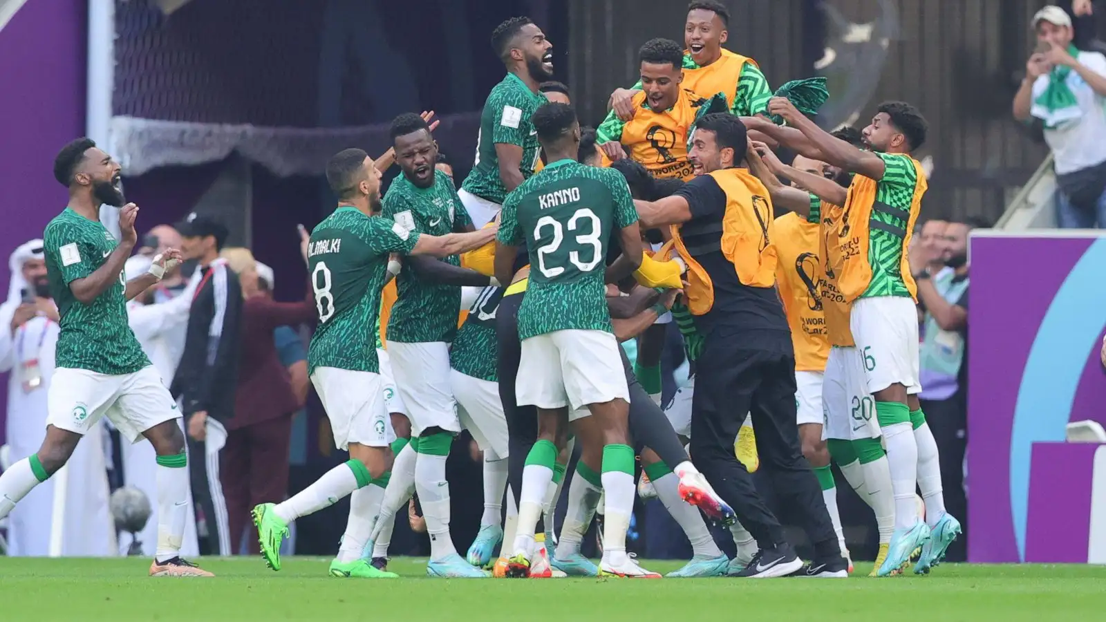 Saudi Arabia celebrate beating Argentina in the World Cup.