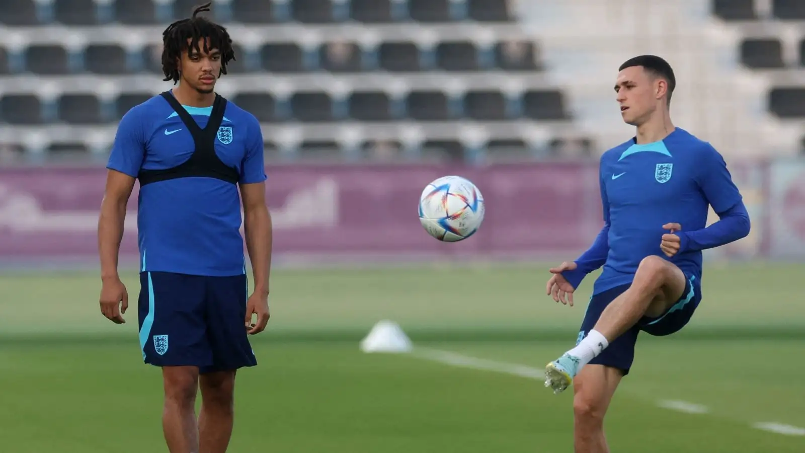 Trent Alexander-Arnold and Phil Foden at an England training session during the World Cup