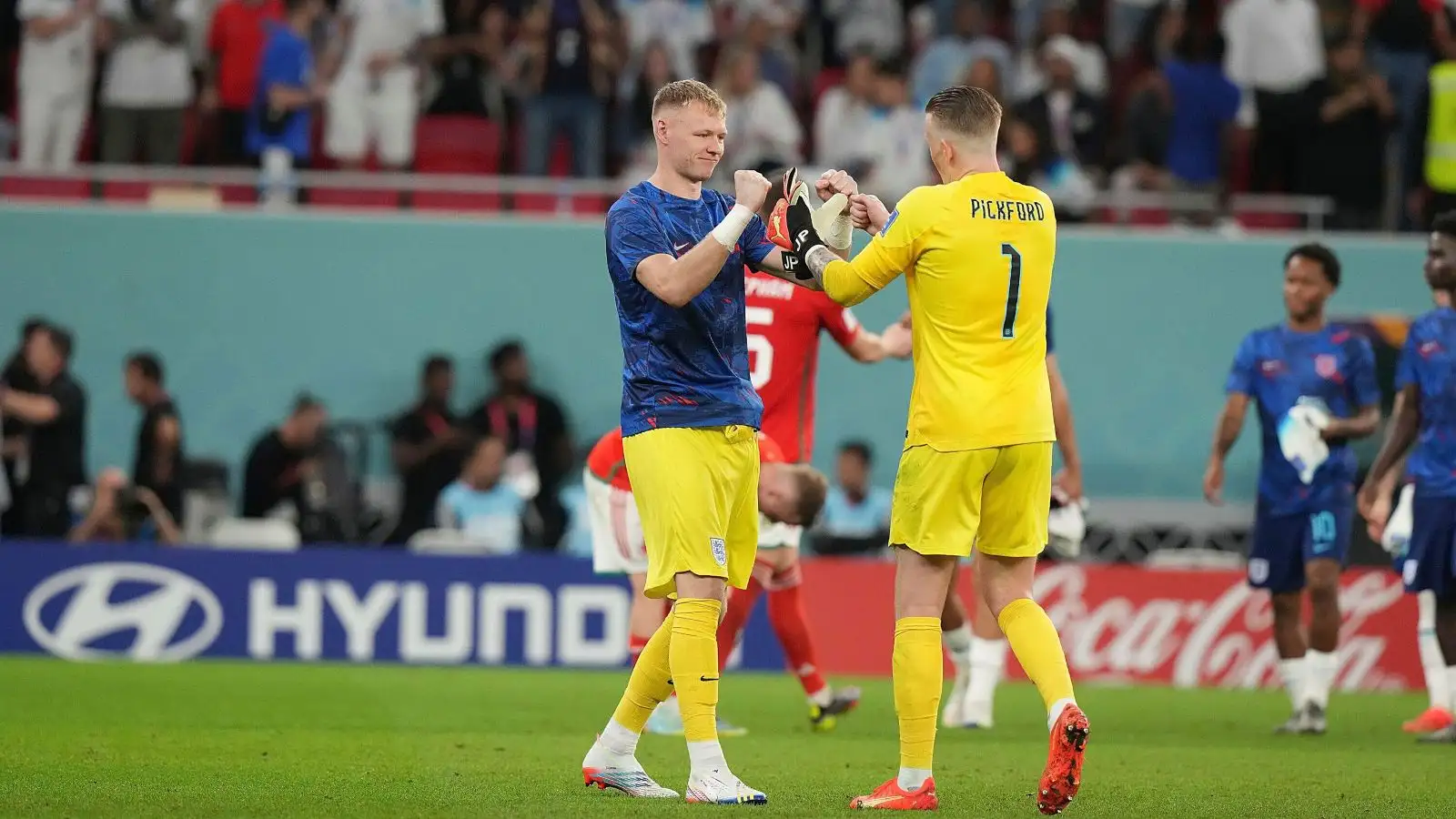 Potential Man Utd target Jordan Pickford fist bumps Aaron Ramsdale