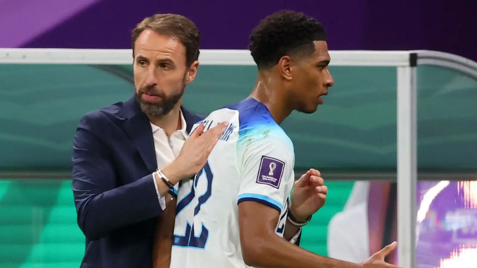 Gareth Southgate congratulates Jude Belllingham during England's 3-0 World Cup win over Senegal