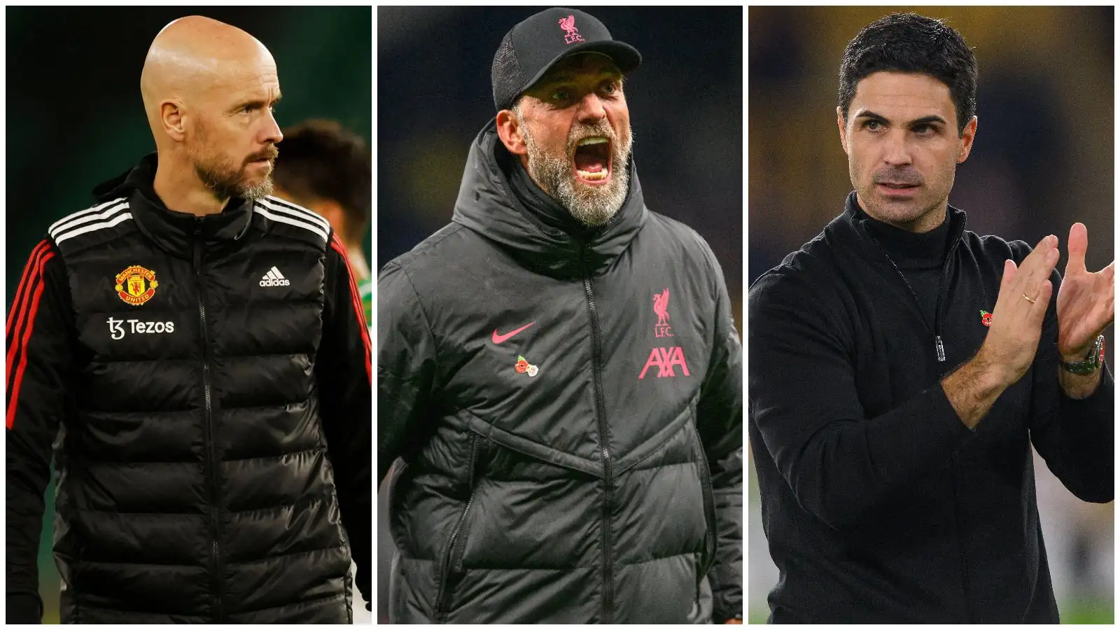 Manchester United manager Erik ten Hag, Liverpool boss Jurgen Klopp and also Arsenal manager Mikel Arteta.