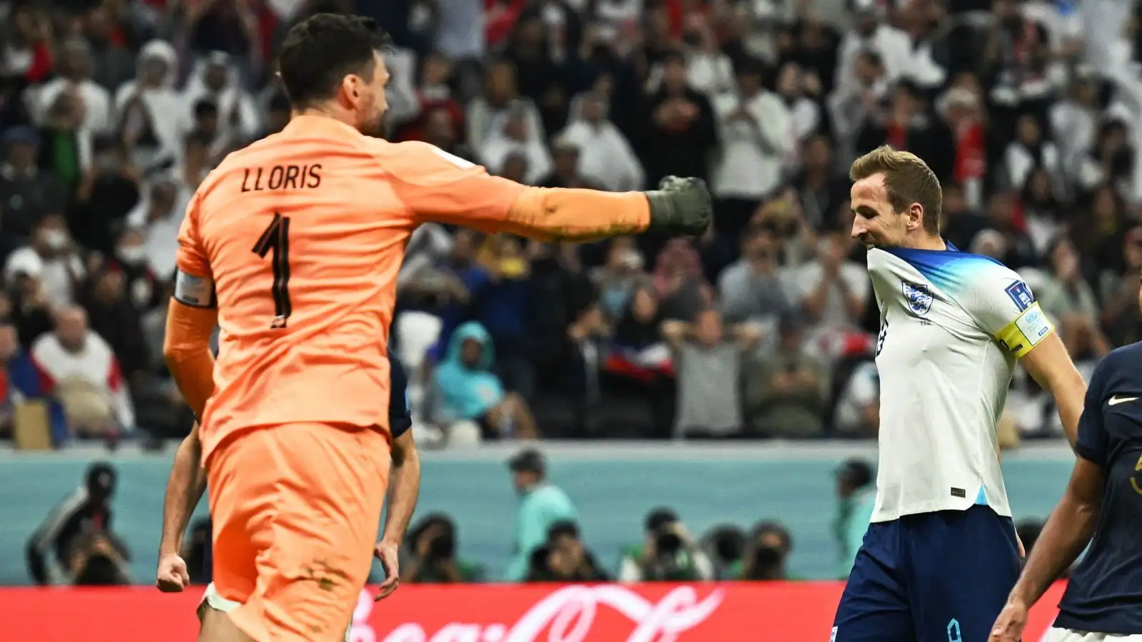 Hugo Lloris celebrates after Harry Kane misses a penalty for England against France in the World Cup quarter-final