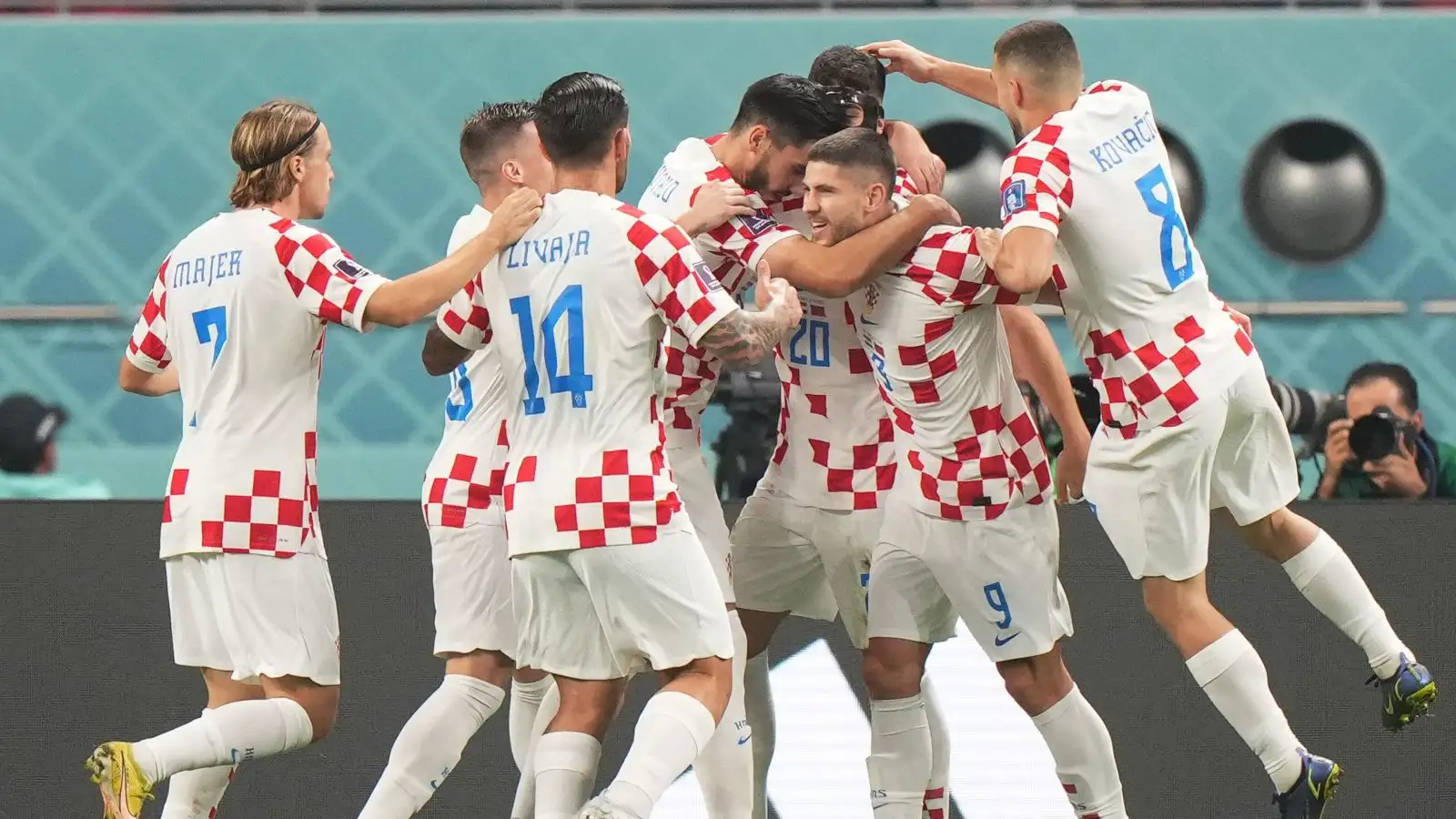 Josko Gvardiol is mobbed after scoring for Croatia against Morocco in the 2022 World Cup third-place play-off