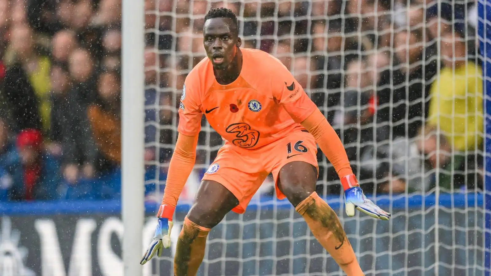 Chelsea goalkeeper Edouard Mendy gets ready to save a shot