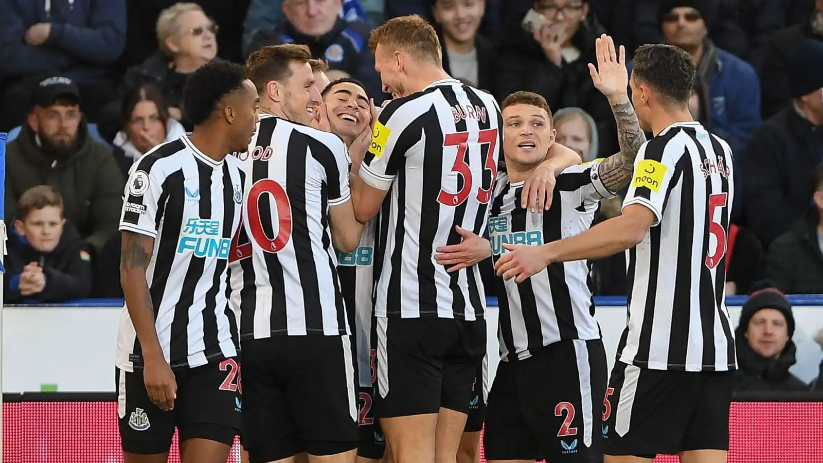 Newcastle celebrate after Miguel Almiron scores in a 3-0 Premier League win at Leicester
