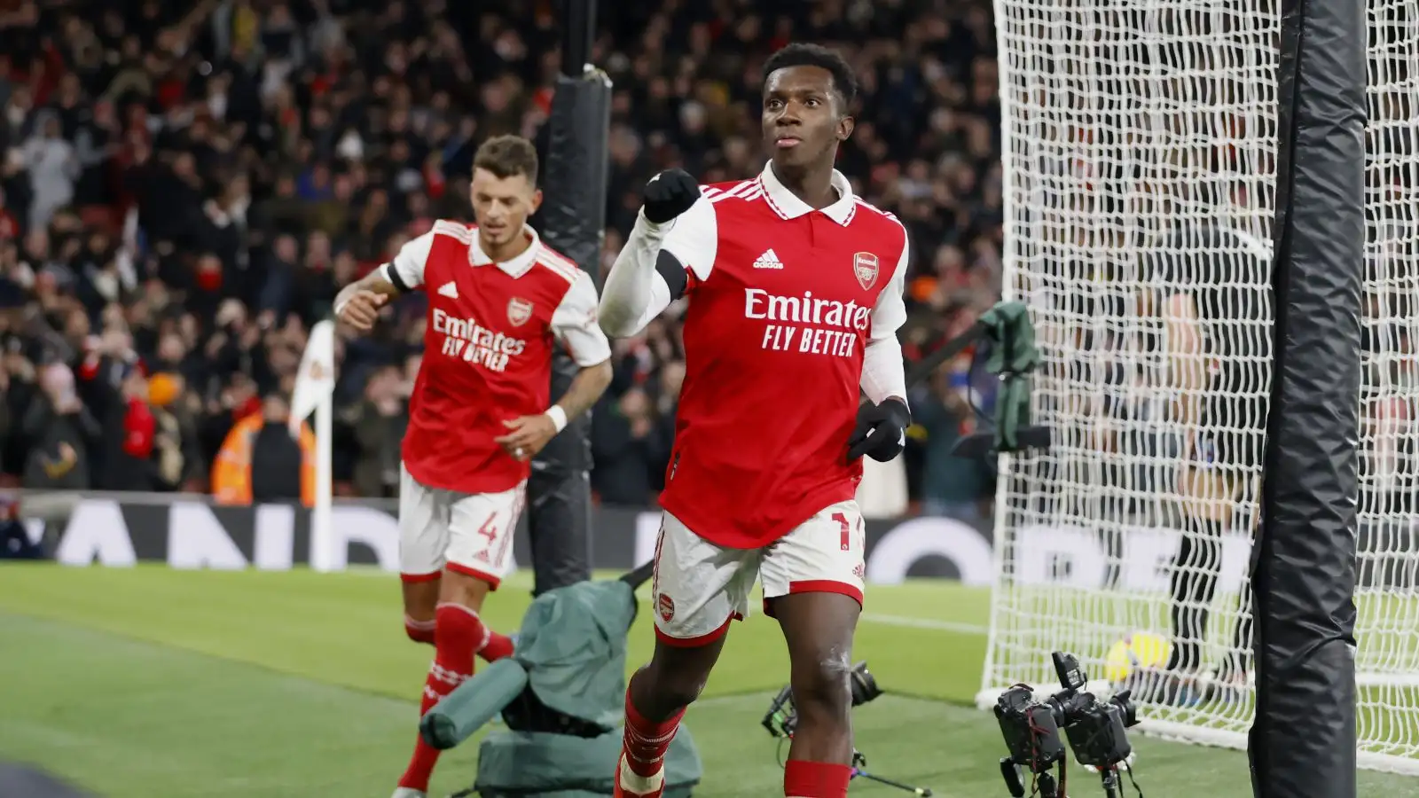 Eddie Nketiah celebrates after scoring for Arsenal in a 3-1 Premier League win over West Ham